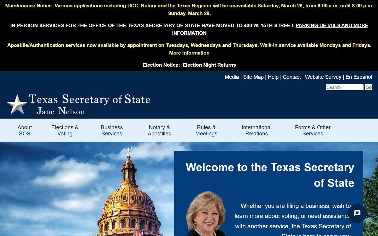 Texas phone directory search portal at the Secretary of State website